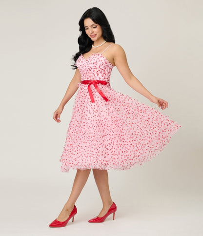 Unique Vintage Pink & Red Glitter Heart Tulle Cupcake Swing Dress