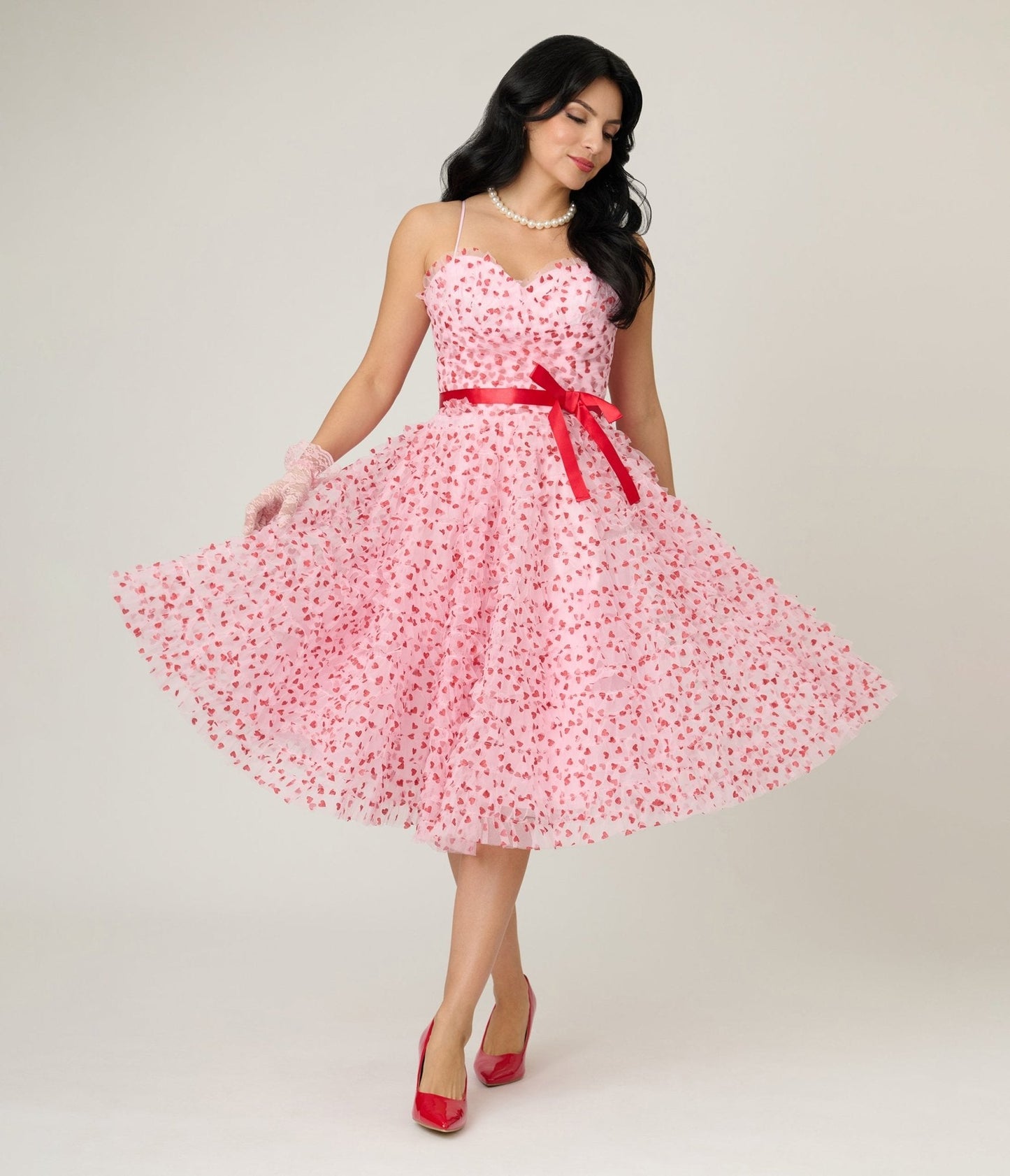 Unique Vintage Pink & Red Glitter Heart Tulle Cupcake Swing Dress