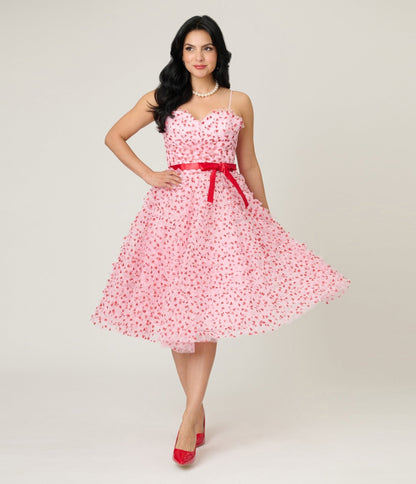 Unique Vintage Pink & Red Glitter Heart Tulle Cupcake Swing Dress