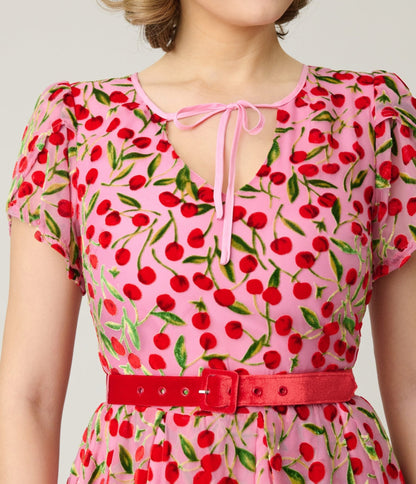 Unique Vintage Pink Velvet Cherries Dahlia Swing Dress