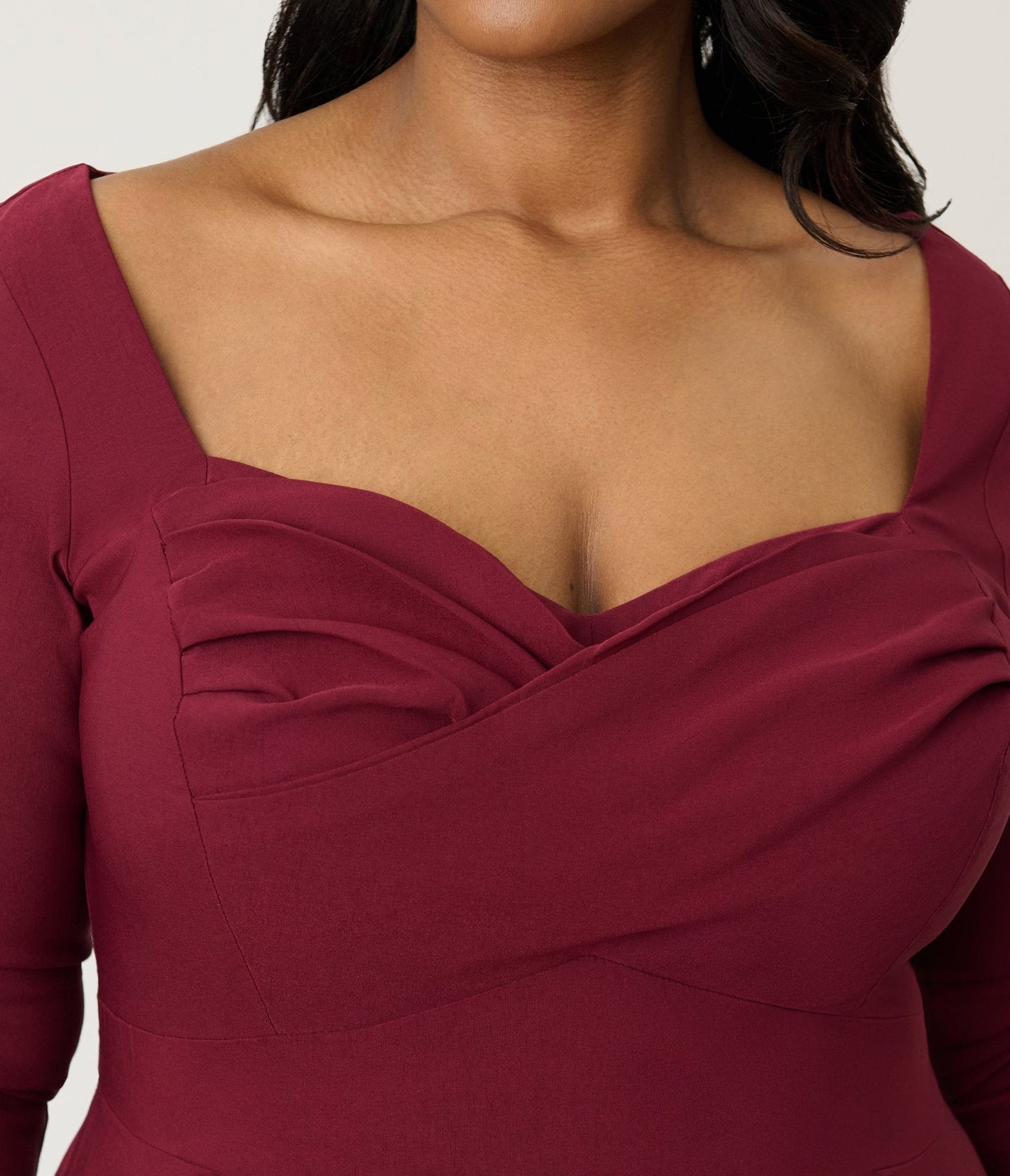 Unique Vintage Plus Size Burgundy Pleated Bust Swing Dress