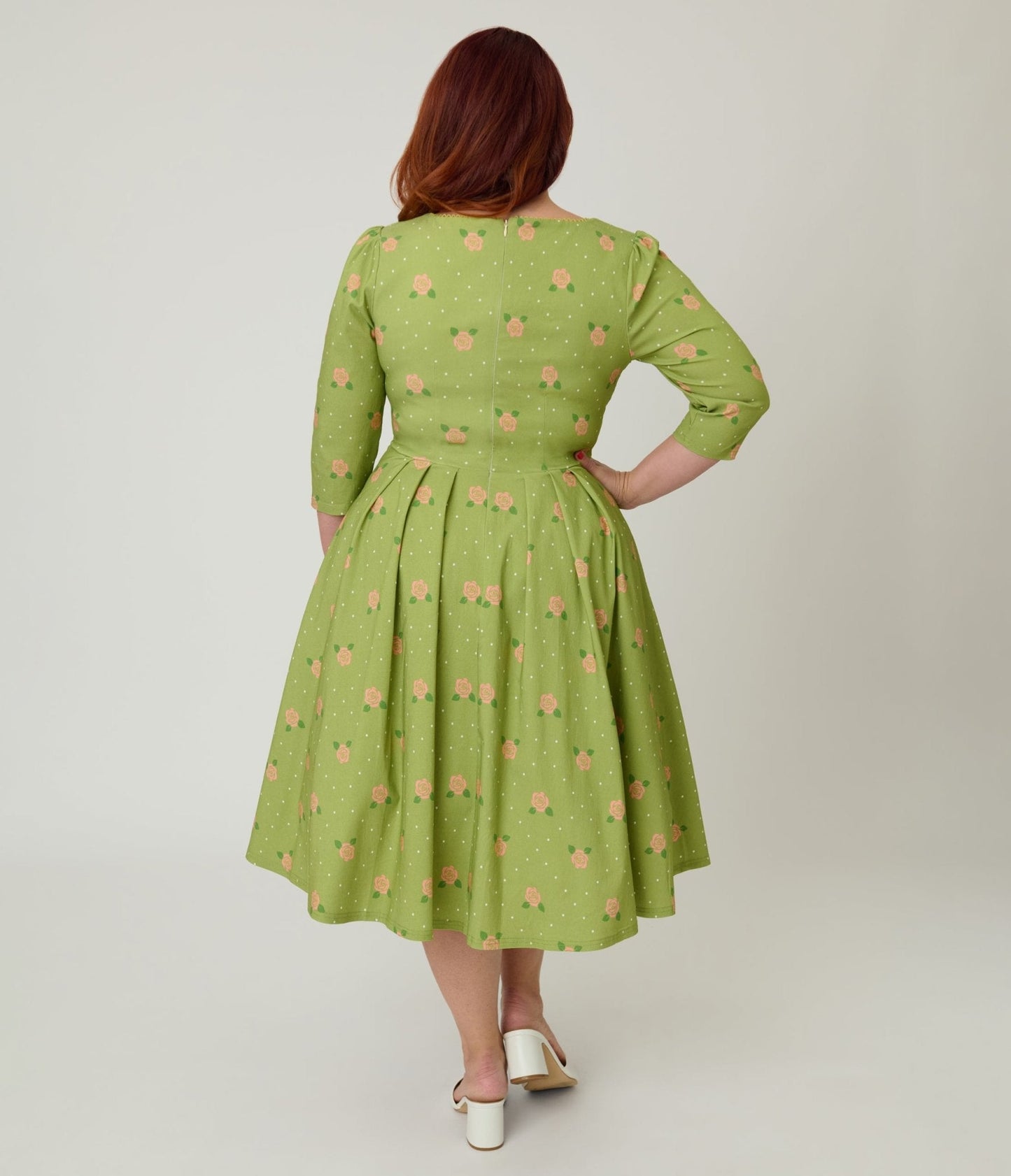 Unique Vintage Plus Size Chartreuse & Pink Rose Sweetheart Swing Dress