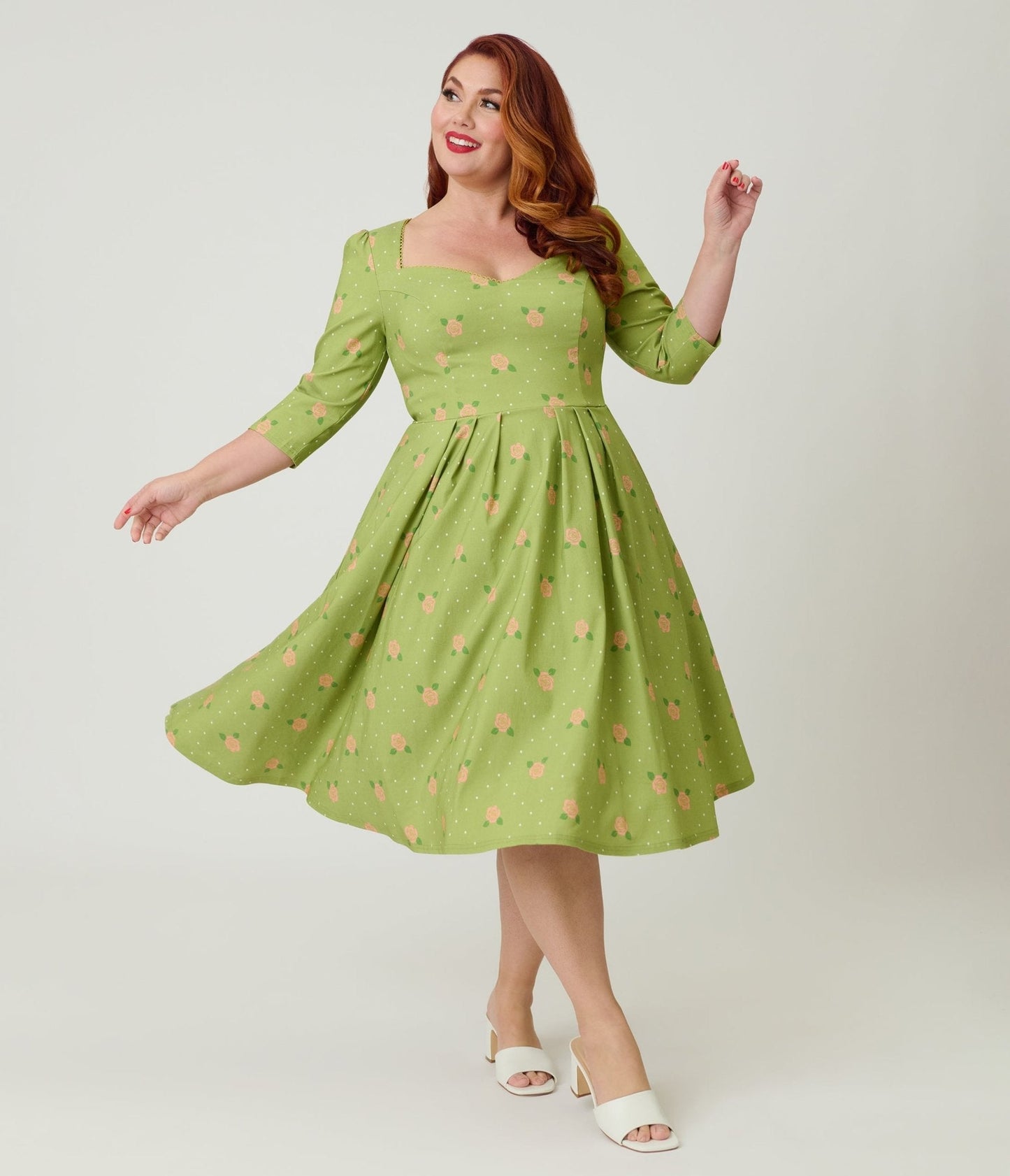 Unique Vintage Plus Size Chartreuse & Pink Rose Sweetheart Swing Dress
