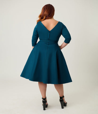 Unique Vintage Plus Size Dark Teal Devon Swing Dress