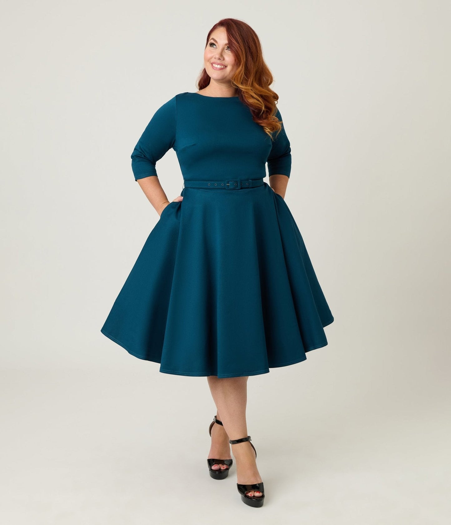 Unique Vintage Plus Size Dark Teal Devon Swing Dress