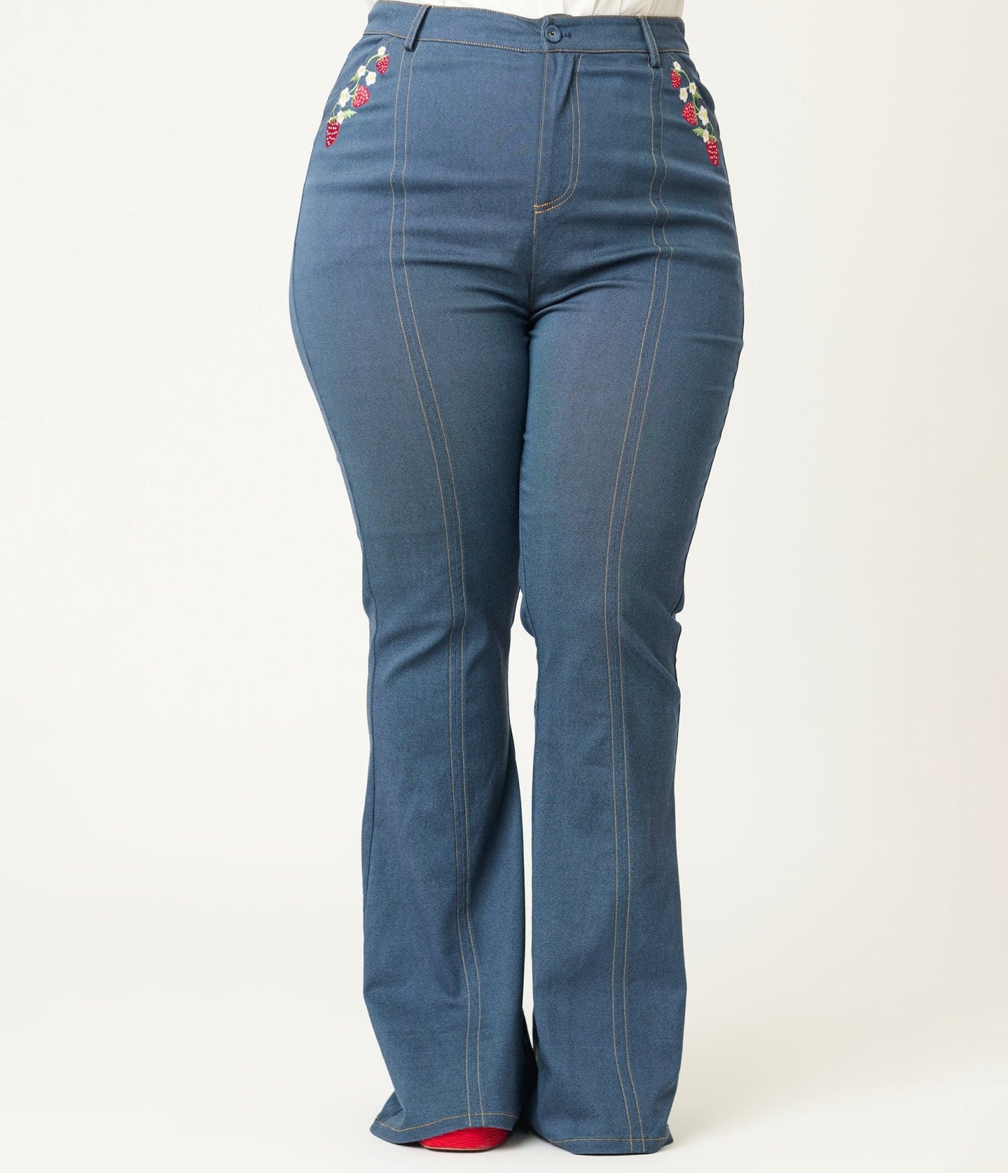Unique Vintage Plus Size Denim Strawberry Embroidered Flare Pants