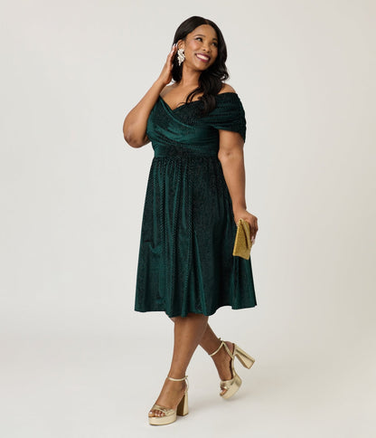 Unique Vintage Plus Size Emerald Velvet Shirred Swing Dress