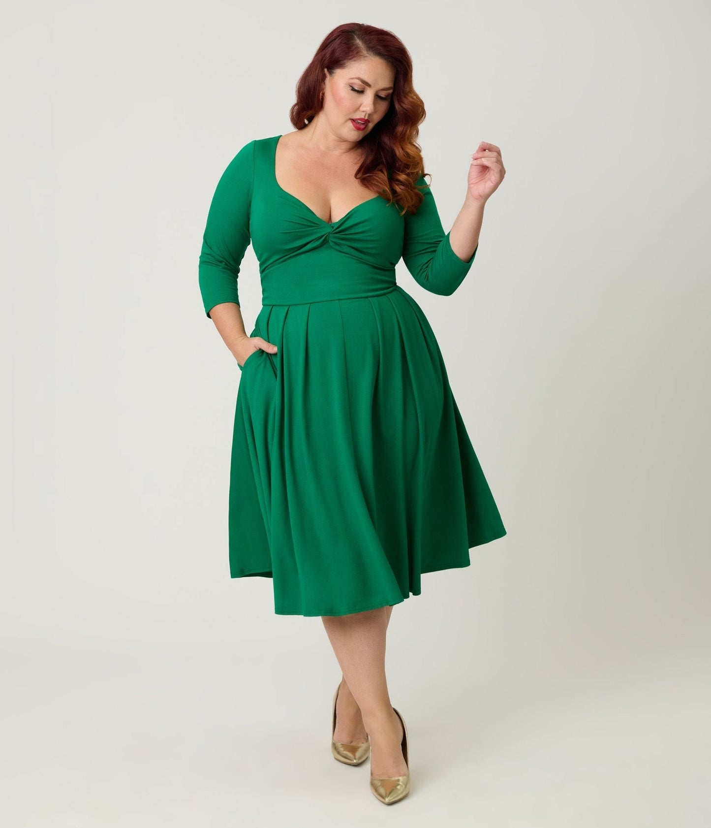 Unique Vintage Plus Size Green Bengaline Front Twist Swing Dress