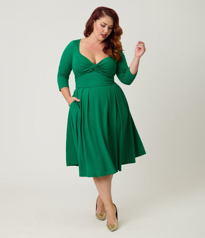 Unique Vintage Plus Size Green Bengaline Front Twist Swing Dress