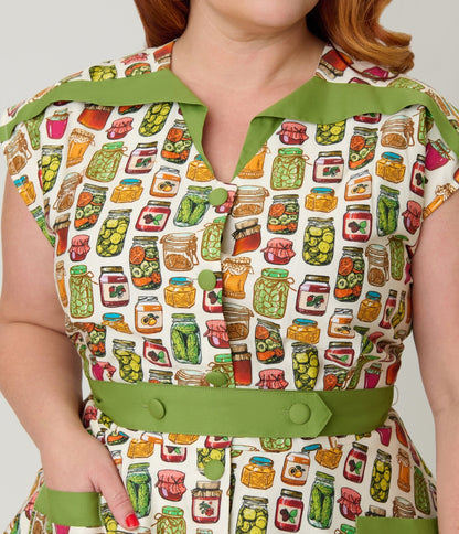 Unique Vintage Plus Size Green Mason Jar Print Cotton Hedda Swing Dress