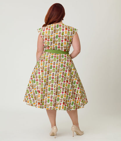 Unique Vintage Plus Size Green Mason Jar Print Cotton Hedda Swing Dress