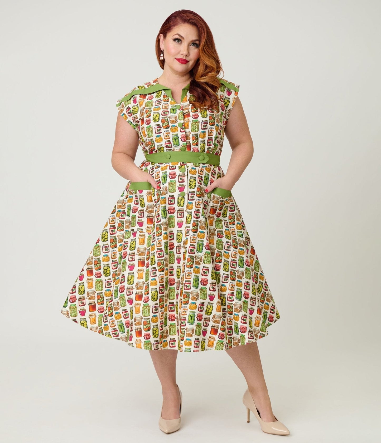 Unique Vintage Plus Size Green Mason Jar Print Cotton Hedda Swing Dress