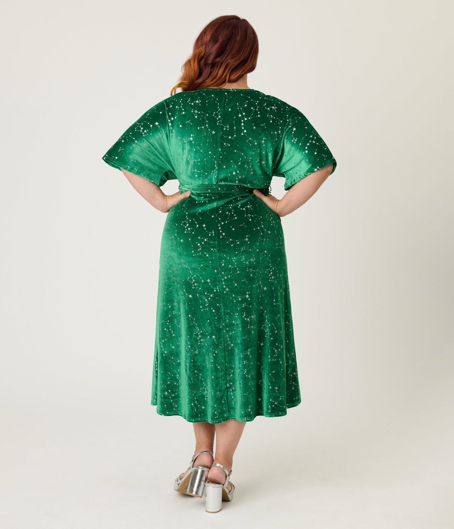Unique Vintage Plus Size Green & Silver Stars Velvet Wrap Midi Dress