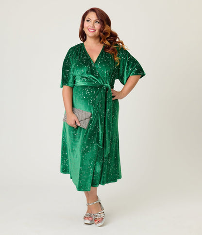 Unique Vintage Plus Size Green & Silver Stars Velvet Wrap Midi Dress