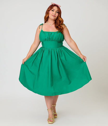 Unique Vintage Plus Size Green Sleeveless Cotton Swing Dress