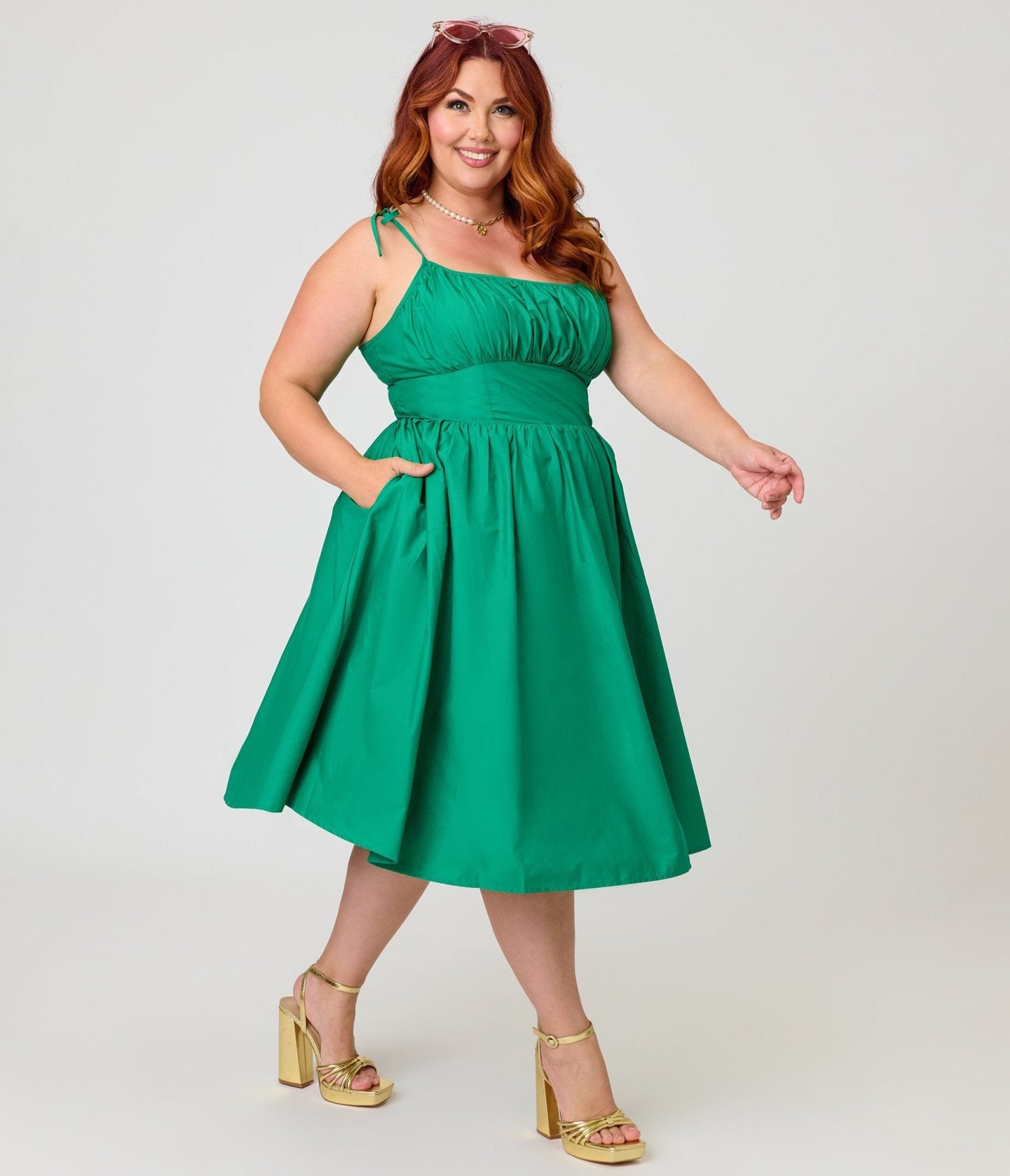 Unique Vintage Plus Size Green Sleeveless Cotton Swing Dress