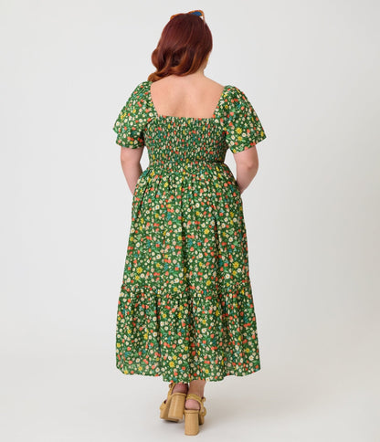 Unique Vintage Plus Size Green & Strawberry Print Smocked Bodice Midi Dress