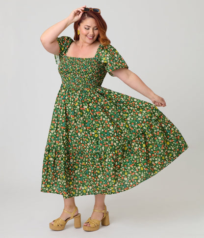 Unique Vintage Plus Size Green & Strawberry Print Smocked Bodice Midi Dress