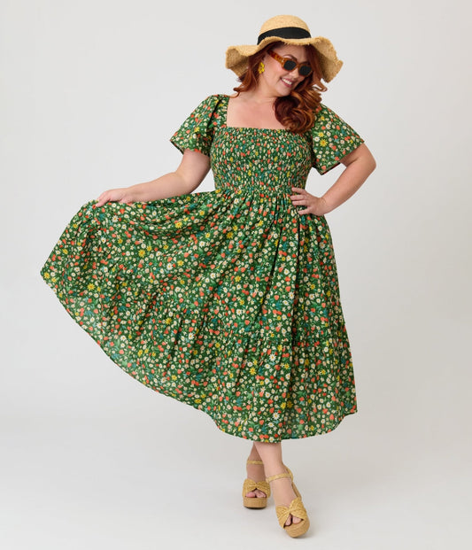 Unique Vintage Plus Size Green & Strawberry Print Smocked Bodice Midi Dress