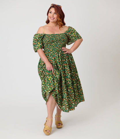 Unique Vintage Plus Size Green & Strawberry Print Smocked Bodice Midi Dress