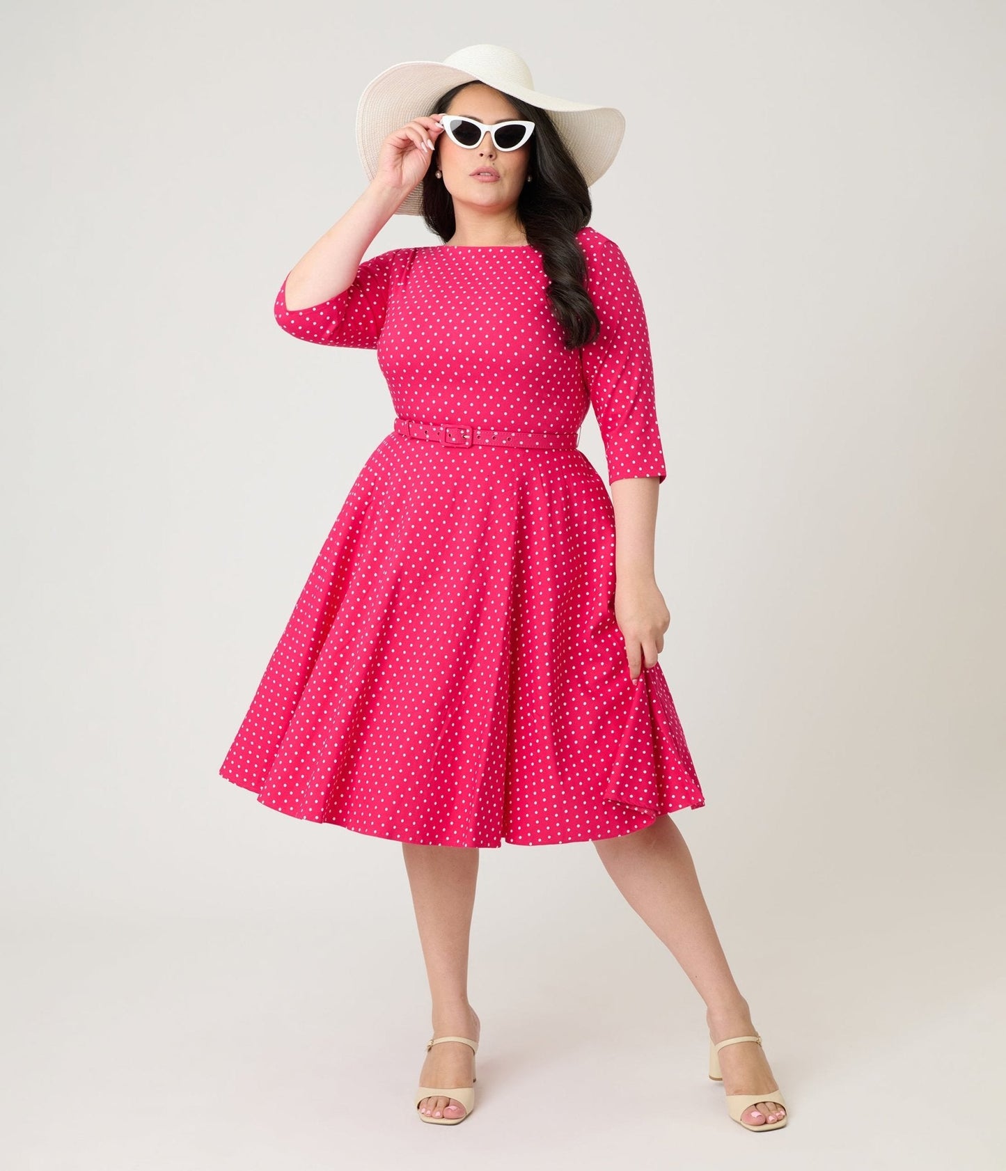 Unique Vintage Plus Size Hot Pink Pin Dot Devon Swing Dress