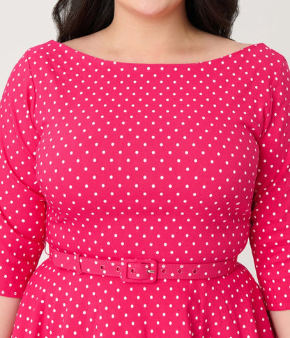 Unique Vintage Plus Size Hot Pink Pin Dot Devon Swing Dress