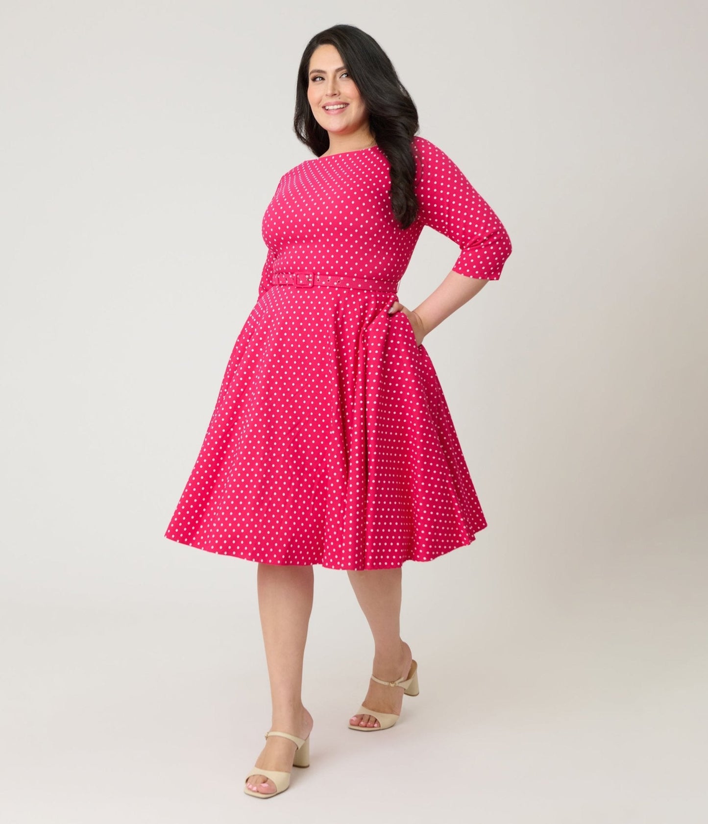 Unique Vintage Plus Size Hot Pink Pin Dot Devon Swing Dress