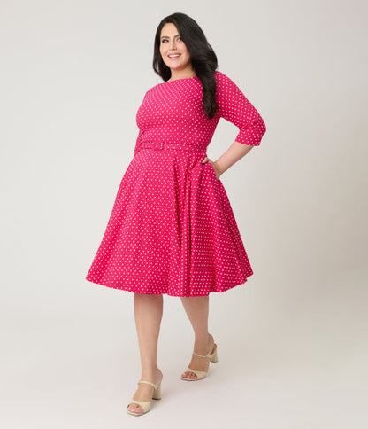 Unique Vintage Plus Size Hot Pink Pin Dot Devon Swing Dress