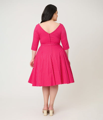 Unique Vintage Plus Size Hot Pink Pin Dot Devon Swing Dress