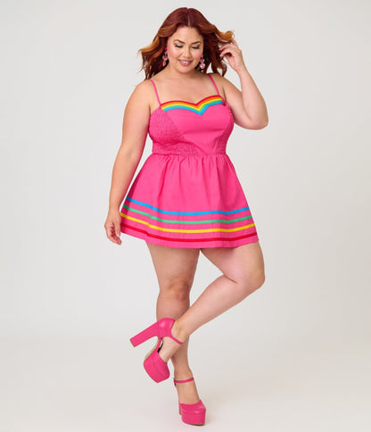 Unique Vintage Plus Size Hot Pink & Rainbow Cotton Skirted Romper