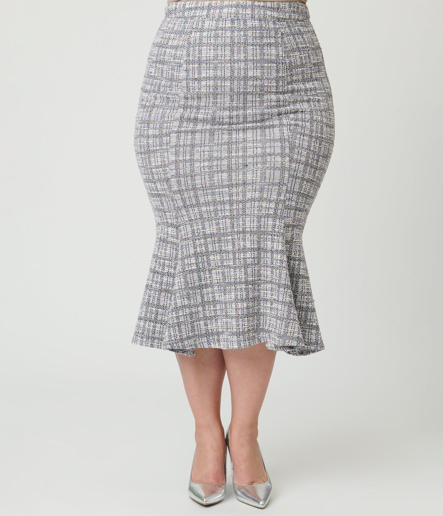 Unique Vintage Plus Size Lavender Plaid Boucle Trumpet Skirt