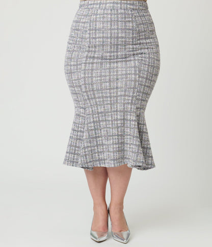 Unique Vintage Plus Size Lavender Plaid Boucle Trumpet Skirt