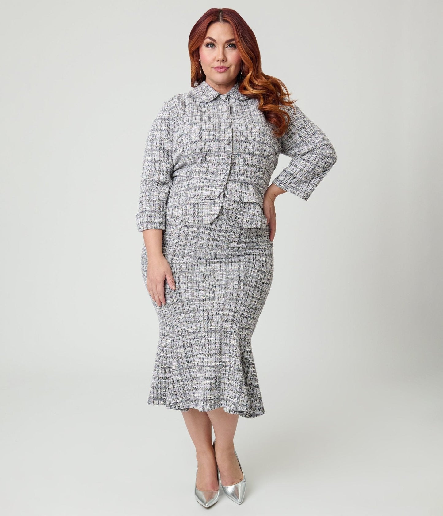 Unique Vintage Plus Size Lavender Plaid Boucle Trumpet Skirt