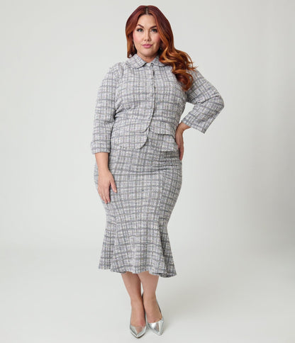 Unique Vintage Plus Size Lavender Plaid Boucle Trumpet Skirt